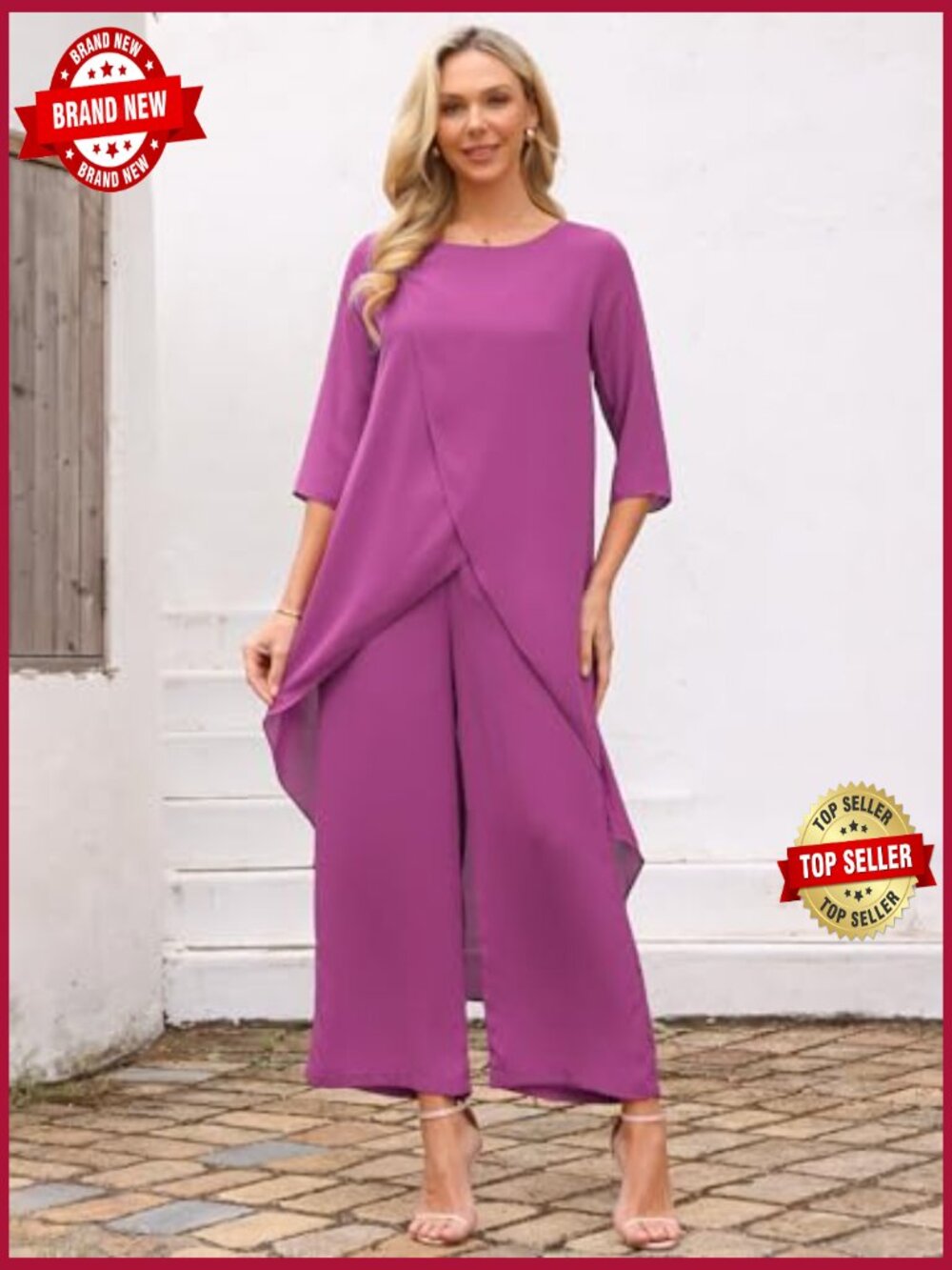2 Piece Chiffon Pantsuit High Low Top Wide Leg Pants Set Formal Wedding Guest - Picture 4 of 7
